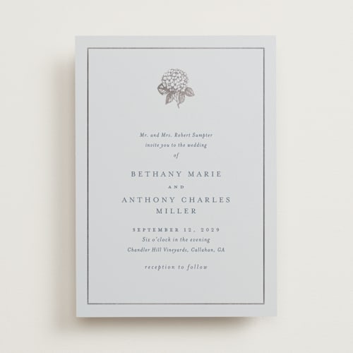 This is a sky foil stamped wedding invitations with foil pressed by Stacey Meacham called hydrangea bloom printing on signature in standard