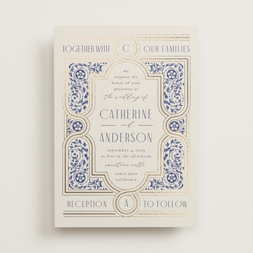This is a dynasty blue foil stamped wedding invitations with foil pressed by Ana de Sousa called tiled romance printing on signature in standard