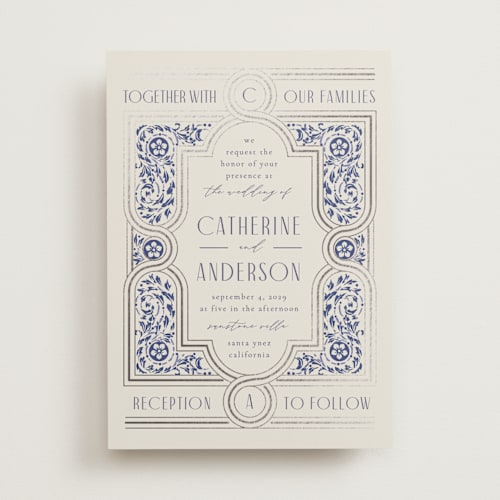This is a dynasty blue foil stamped wedding invitations with foil pressed by Ana de Sousa called tiled romance printing on signature in standard