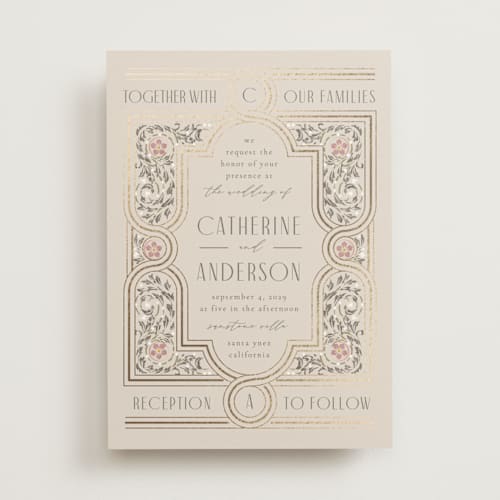 This is a blush foil stamped wedding invitations with foil pressed by Ana de Sousa called tiled romance printing on signature in standard