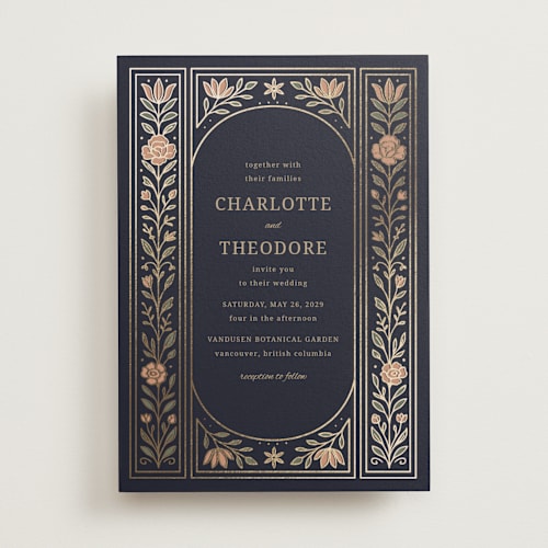 This is a navy foil stamped wedding invitations with foil pressed by Jessica Beck called botanical tapestry printing on signature in standard