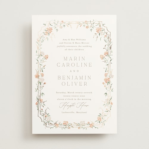 This is a perfectly peach foil stamped wedding invitations with foil pressed by Erin L. Wilson called victorian trellis printing on signature in standard