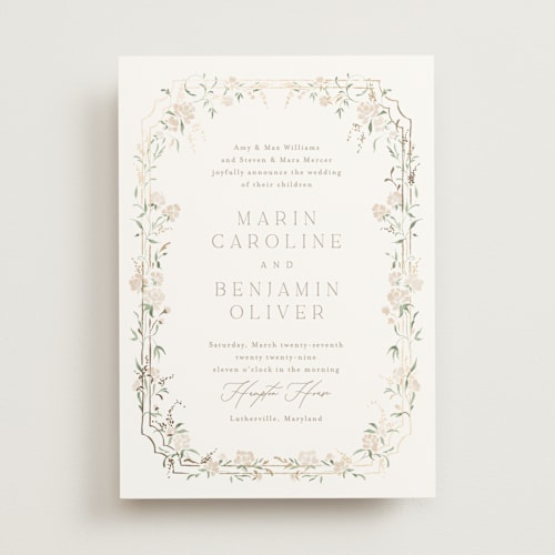 This is a pearl foil stamped wedding invitations with foil pressed by Erin L. Wilson called victorian trellis printing on signature in standard