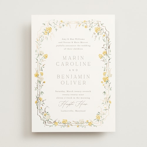 This is a buttercup foil stamped wedding invitations with foil pressed by Erin L. Wilson called victorian trellis printing on signature in standard