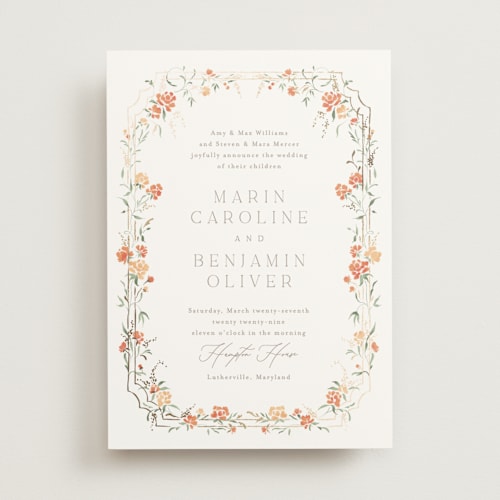 This is a verona sunset foil stamped wedding invitations with foil pressed by Erin L. Wilson called victorian trellis printing on signature in standard