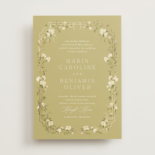 This is a chartreuse foil stamped wedding invitations with foil pressed by Erin L. Wilson called victorian trellis printing on signature in standard