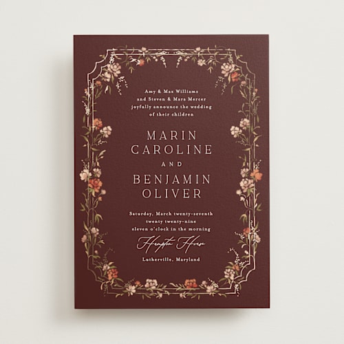 This is a autumn breeze foil stamped wedding invitations with foil pressed by Erin L. Wilson called victorian trellis printing on signature in standard