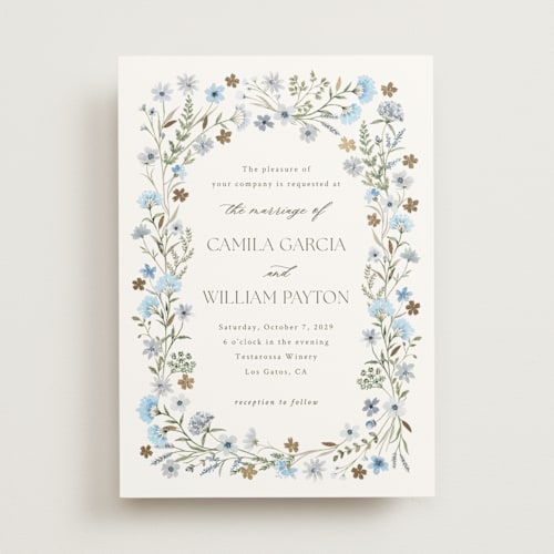 This is a azure foil stamped wedding invitations with foil pressed by Yaling Hou Suzuki called bright garden printing on signature in standard