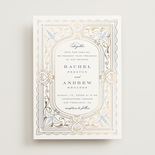 This is a dusty blue foil stamped wedding invitations with foil pressed by Janean Hinger called aurelia printing on signature in standard