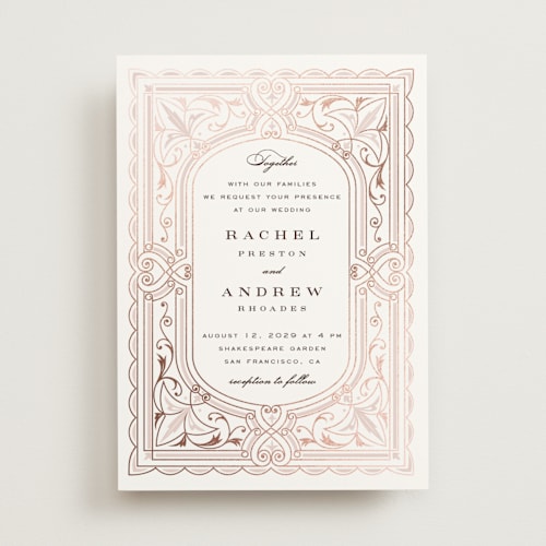 This is a vintage rose foil stamped wedding invitations with foil pressed by Janean Hinger called aurelia printing on signature in standard