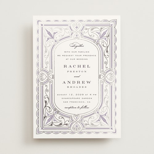 This is a powdered violet foil stamped wedding invitations with foil pressed by Janean Hinger called aurelia printing on signature in standard
