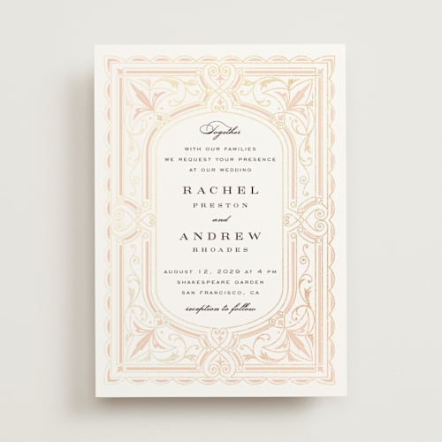 This is a soft peach foil stamped wedding invitations with foil pressed by Janean Hinger called aurelia printing on signature in standard