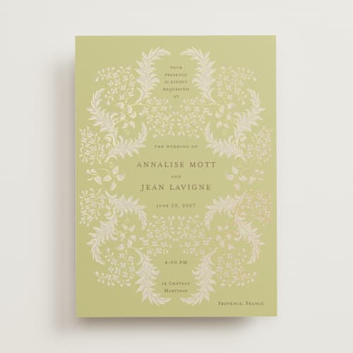 This is a citron foil stamped wedding invitations with foil pressed by Ani Somi called french train printing on signature in standard