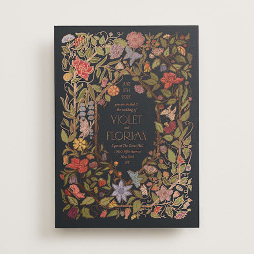 This is a navy foil stamped wedding invitations with foil pressed by Simona Camp called radiant botany printing on signature in standard