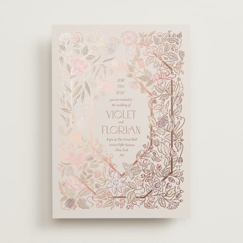 This is a slate foil stamped wedding invitations with foil pressed by Simona Camp called radiant botany printing on signature in standard