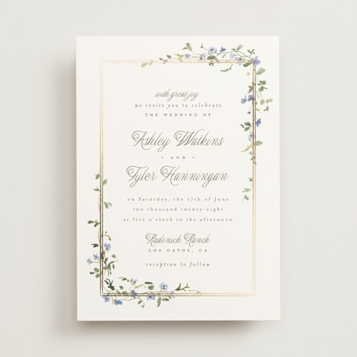 This is a bluebell foil stamped wedding invitations with foil pressed by Everett Paper Goods called flowering vine printing on signature in standard