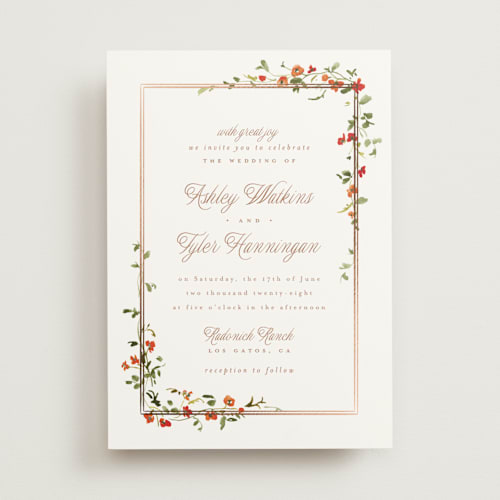 This is a nasturtium foil stamped wedding invitations with foil pressed by Everett Paper Goods called flowering vine printing on signature in standard