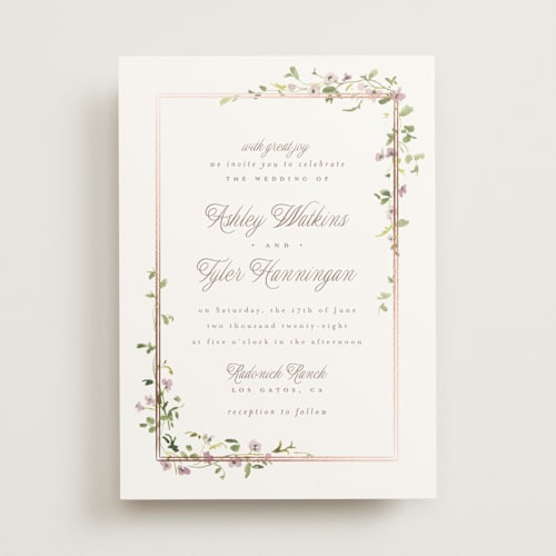 This is a lilac foil stamped wedding invitations with foil pressed by Everett Paper Goods called flowering vine printing on signature in standard