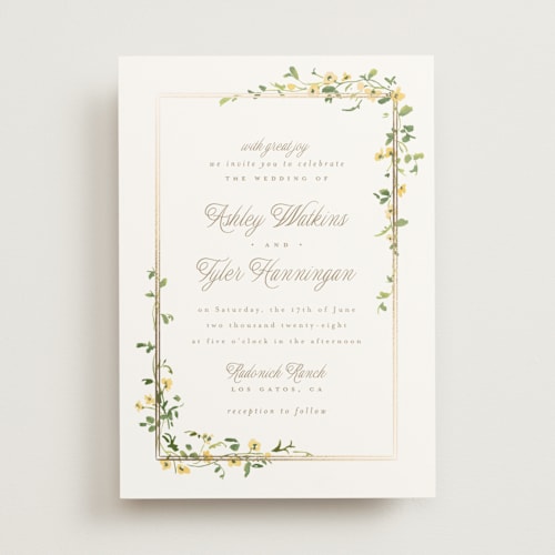 This is a mimosa foil stamped wedding invitations with foil pressed by Everett Paper Goods called flowering vine printing on signature in standard