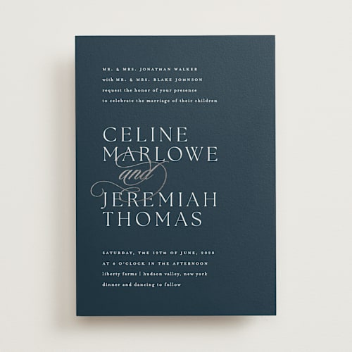 This is a navy foil stamped wedding invitations with foil pressed by Kelly Schmidt called left align printing on signature in standard