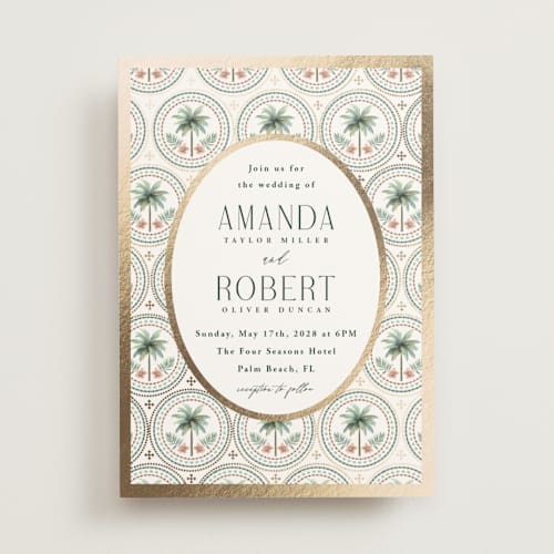 This is a sand foil stamped wedding invitations with foil pressed by Maria Alou called vintage palms printing on signature in standard