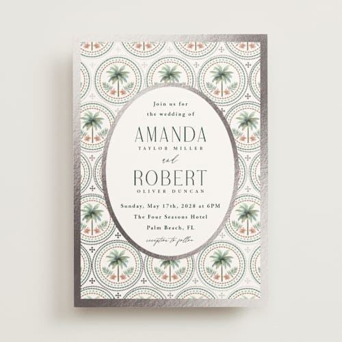 This is a sand foil stamped wedding invitations with foil pressed by Maria Alou called vintage palms printing on signature in standard