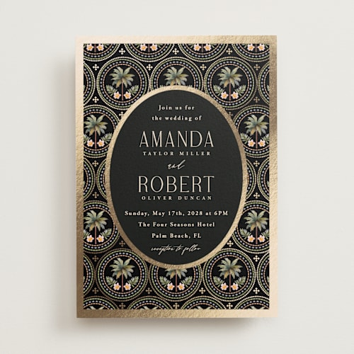 This is a onyx foil stamped wedding invitations with foil pressed by Maria Alou called vintage palms printing on signature in standard