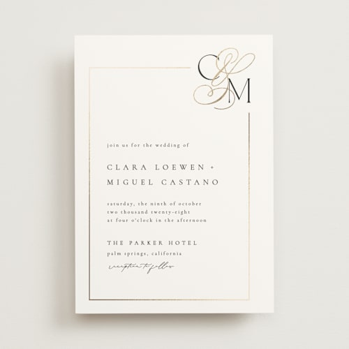 This is a silk foil stamped wedding invitations with foil pressed by Kelly Schmidt called golden ampersand printing on signature in standard