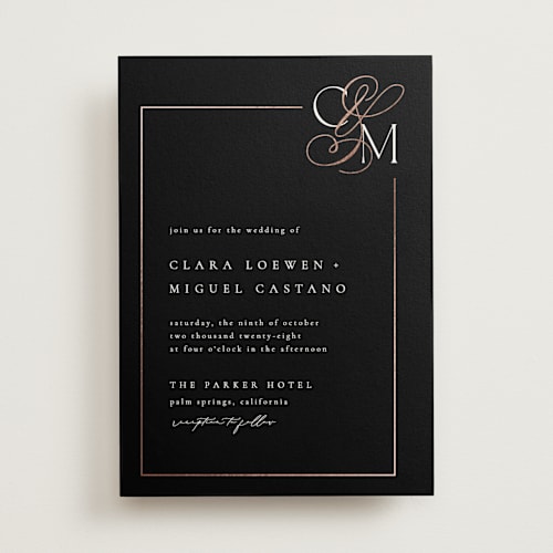 This is a midnight foil stamped wedding invitations with foil pressed by Kelly Schmidt called golden ampersand printing on signature in standard