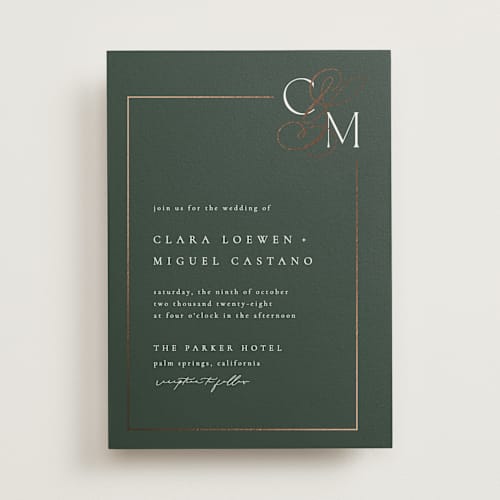 This is a garden foil stamped wedding invitations with foil pressed by Kelly Schmidt called golden ampersand printing on signature in standard