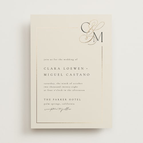 This is a linen foil stamped wedding invitations with foil pressed by Kelly Schmidt called golden ampersand printing on signature in standard