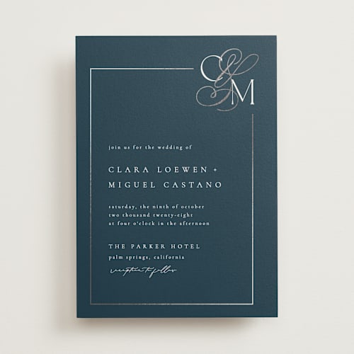 This is a navy foil stamped wedding invitations with foil pressed by Kelly Schmidt called golden ampersand printing on signature in standard