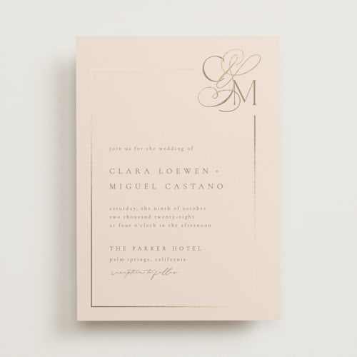 This is a champagne foil stamped wedding invitations with foil pressed by Kelly Schmidt called golden ampersand printing on signature in standard