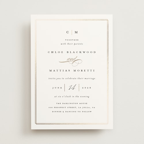 This is a linen foil stamped wedding invitations with foil pressed by Erica Krystek called timeless printing on signature in standard
