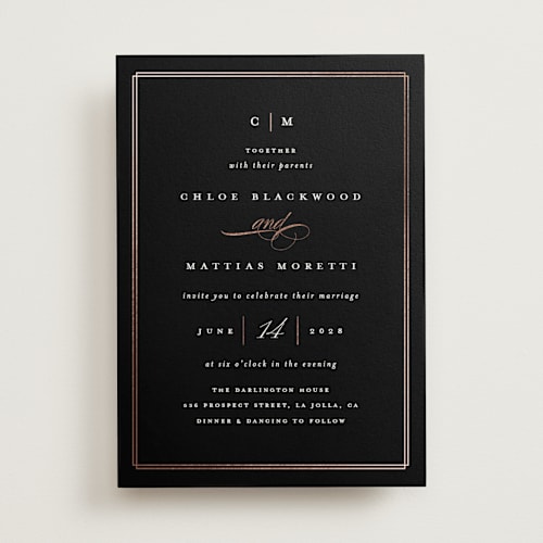 This is a midnight foil stamped wedding invitations with foil pressed by Erica Krystek called timeless printing on signature in standard