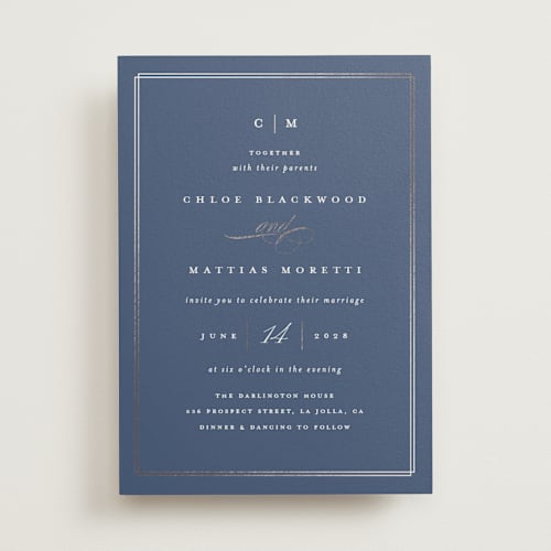 This is a bluebell foil stamped wedding invitations with foil pressed by Erica Krystek called timeless printing on signature in standard