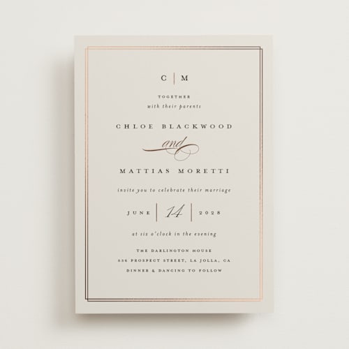 This is a ecru foil stamped wedding invitations with foil pressed by Erica Krystek called timeless printing on signature in standard