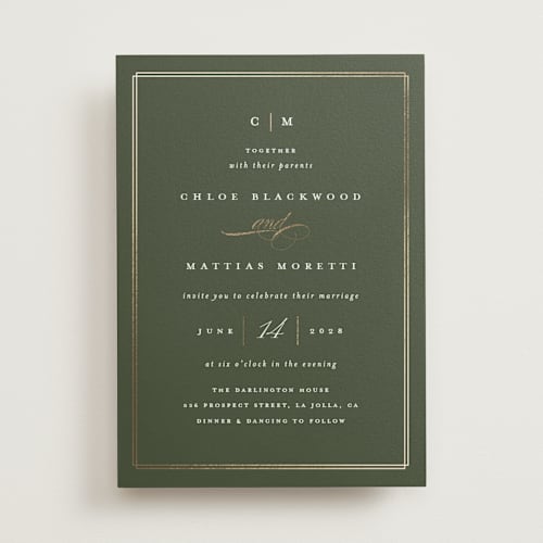 This is a olive foil stamped wedding invitations with foil pressed by Erica Krystek called timeless printing on signature in standard