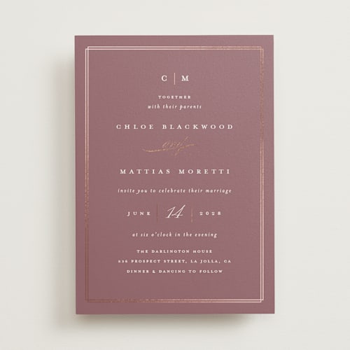 This is a mauve foil stamped wedding invitations with foil pressed by Erica Krystek called timeless printing on signature in standard