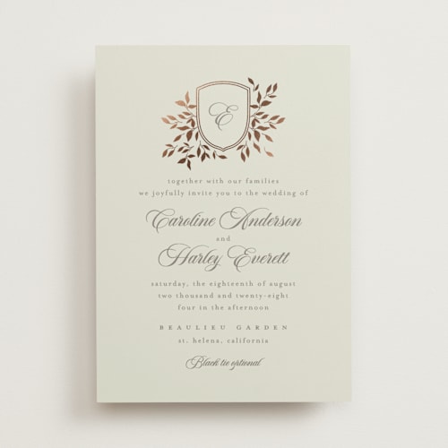 This is a leaf foil stamped wedding invitations with foil pressed by Kristie Kern called aperol printing on signature in standard
