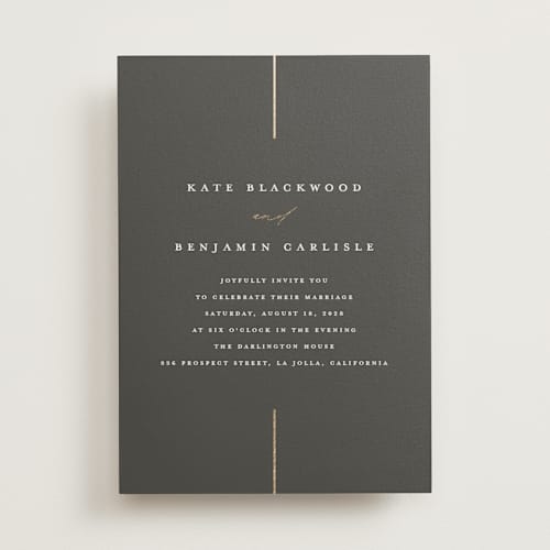 This is a iron foil stamped wedding invitations with foil pressed by Erica Krystek called formal lines printing on signature in standard