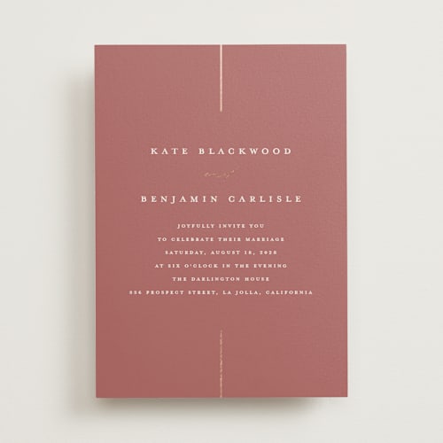 This is a rosewood foil stamped wedding invitations with foil pressed by Erica Krystek called formal lines printing on signature in standard