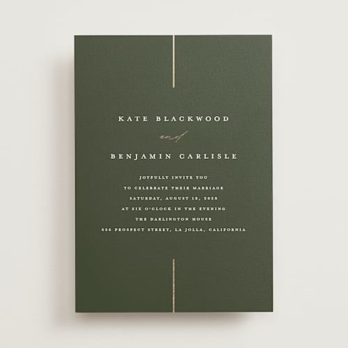 This is a olive foil stamped wedding invitations with foil pressed by Erica Krystek called formal lines printing on signature in standard