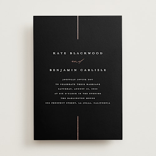 This is a midnight foil stamped wedding invitations with foil pressed by Erica Krystek called formal lines printing on signature in standard