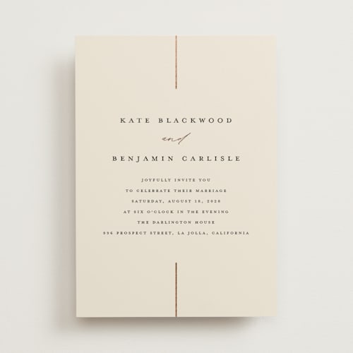 This is a ecru foil stamped wedding invitations with foil pressed by Erica Krystek called formal lines printing on signature in standard