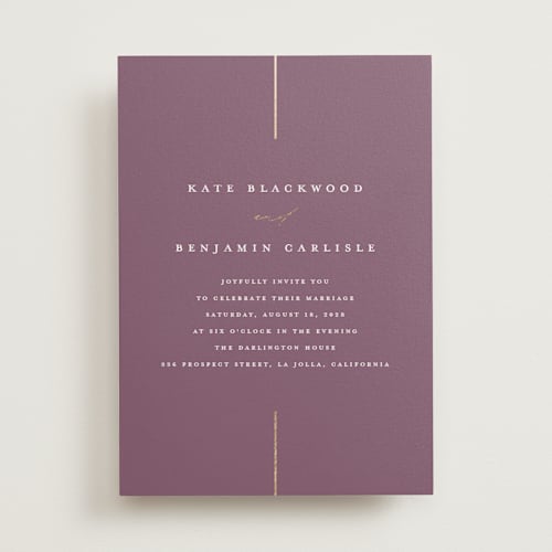 This is a lilac foil stamped wedding invitations with foil pressed by Erica Krystek called formal lines printing on signature in standard