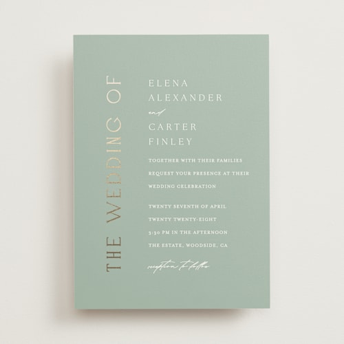 This is a sage foil stamped wedding invitations with foil pressed by Angela Thompson called gilded edge printing on signature in standard