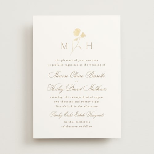 This is a buttercream foil stamped wedding invitations with foil pressed by Kristie Kern called the romantic printing on signature in standard