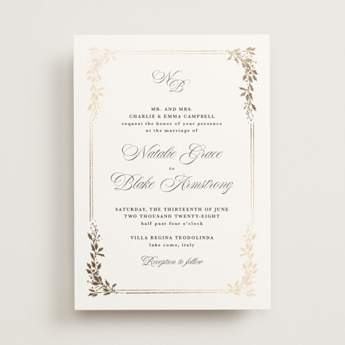 This is a diamond foil stamped wedding invitations with foil pressed by Kate Ahn called lake como printing on signature in standard