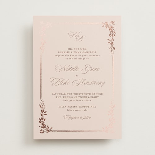 This is a blush foil stamped wedding invitations with foil pressed by Kate Ahn called lake como printing on signature in standard